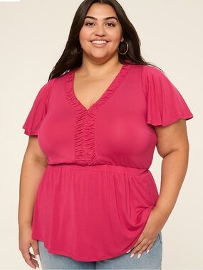 🩷 NWT LANE BRYANT Short Flutter Sleeve V-Neck Top VIVACIOUS PINK Size 18/20